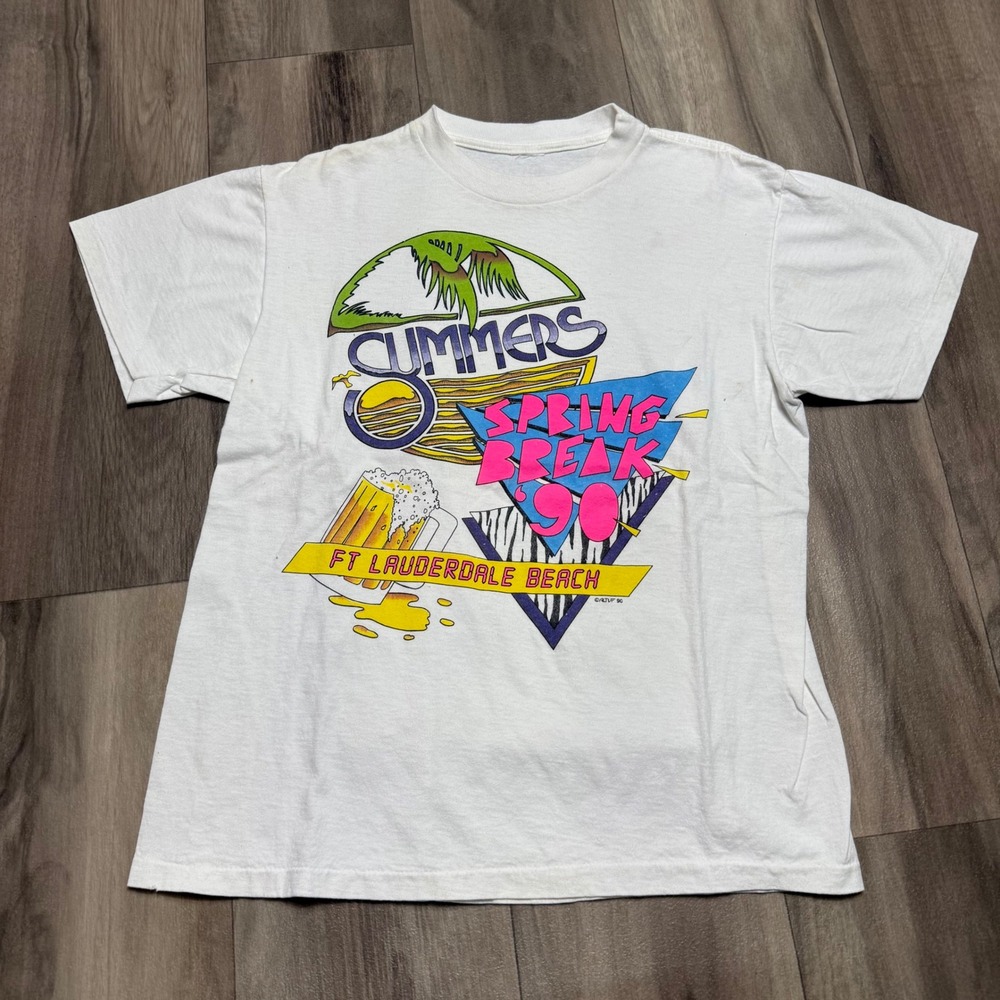 Vintage 1990 Spring Break Ft Lauderdale Beach T-Shirt White Neon Single Stitch